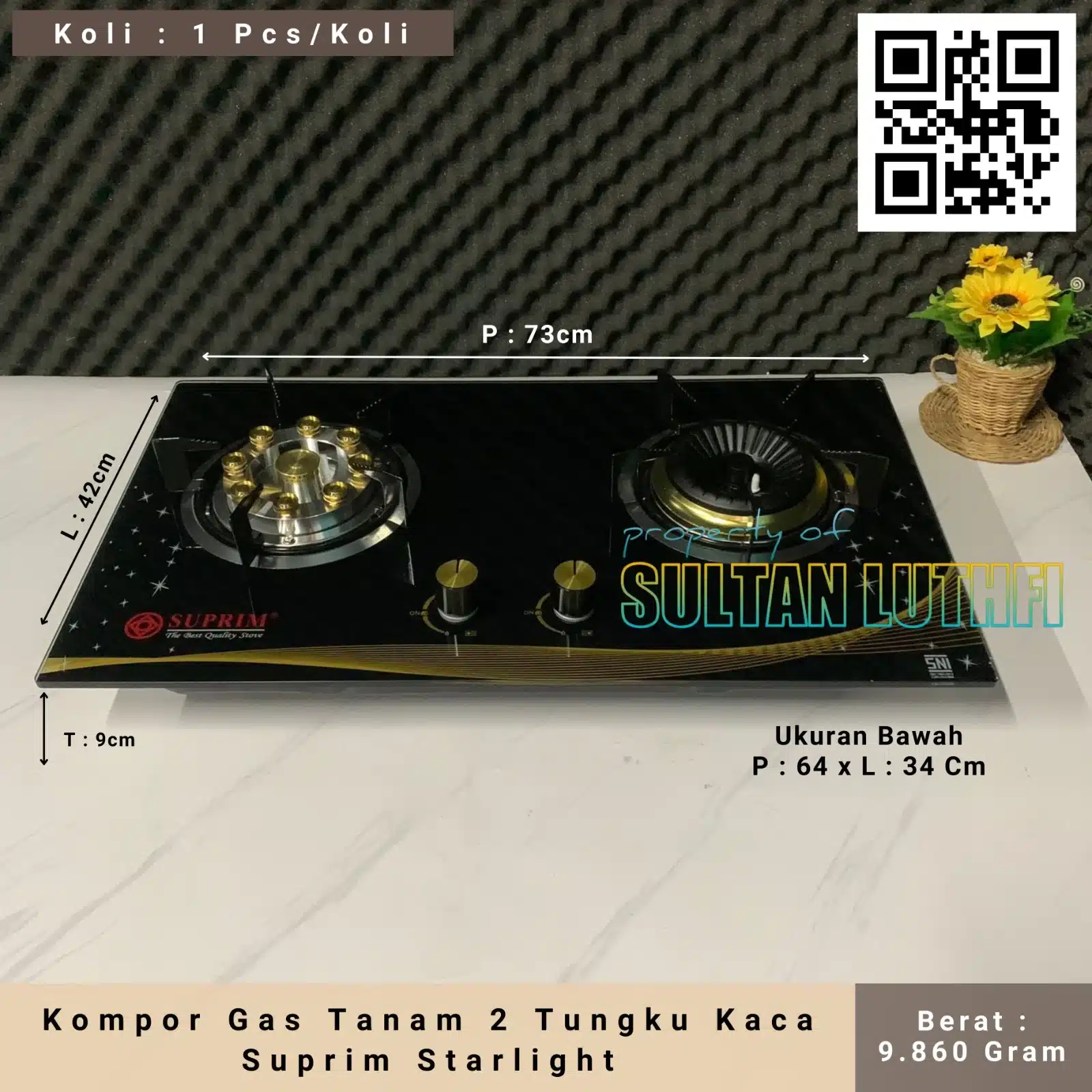 Kompor Gas Tanam 2 Tungku Kaca Suprim Starlight